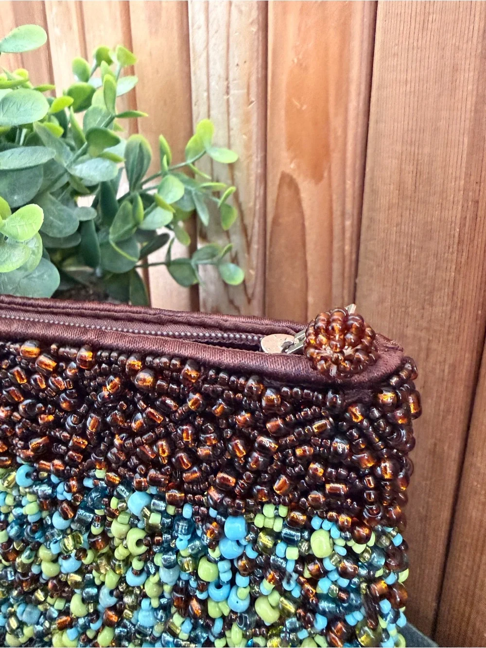 Hand Beaded Boho Clutch Wristlet in Brown Turquoise & Lime Green Seed Beads Y2K